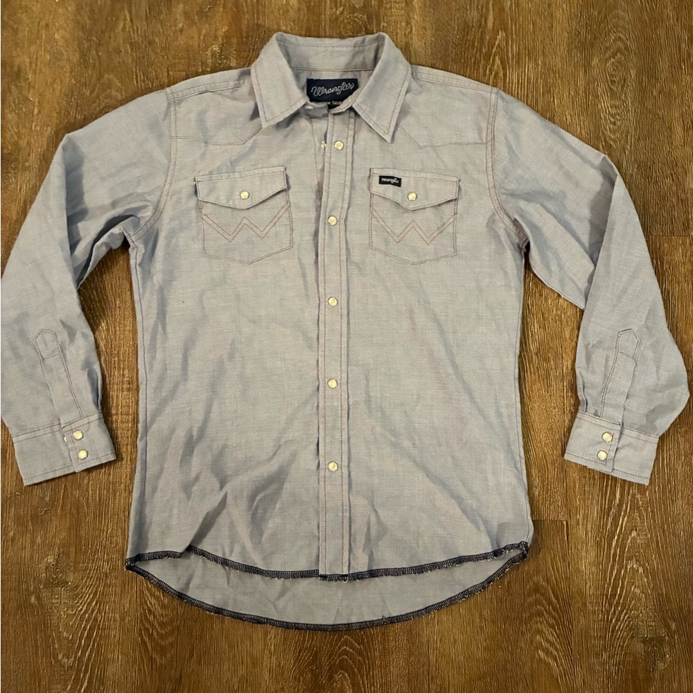 Wrangler Boys Western Shirt L 10-12 Light Blue Pearl Snap Long Sleeve Cowboy